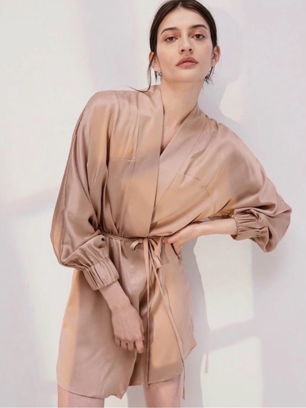 lunya Champagne Satin Tie-Waist Robe